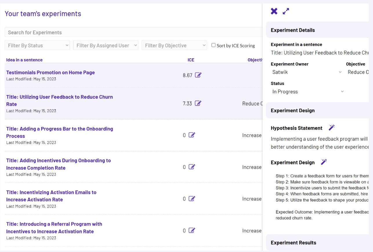 Team experiments page with ICE scoring and experiment design